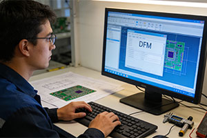 An engineer is reviewing DFM documents in front of a computer.
