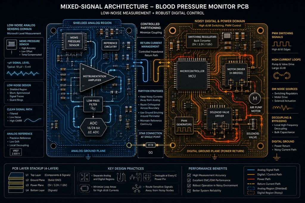 Blood pressure monitor PCB layout diagram showing analog and digital ground partitioning between pressure sensor section and pump driver section