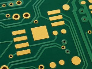 Close-up-of-an-ENIG-finished-PCB-showing-uniformly-flat,-gold-colored-pads-ready-for-SMT-assembly