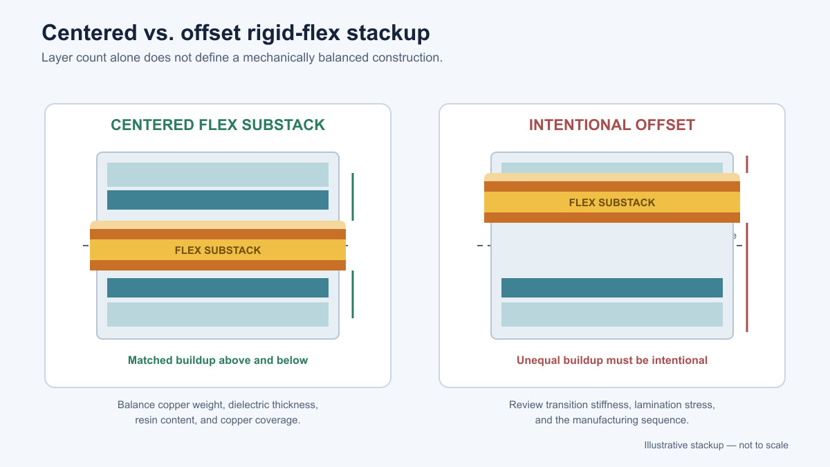 Comparison of centered and intentionally offset flex substacks in rigid-flex PCB stackups