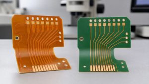 Illustrative comparison of a polyimide coverlay flex-circuit sample and a flexible solder mask sample