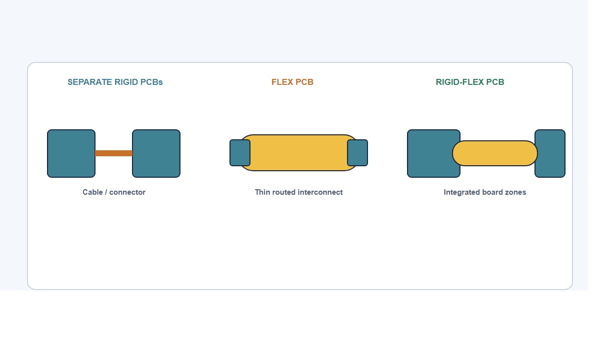 Comparison diagram of separate rigid PCBs with a cable, a flex circuit, and an integrated rigid-flex board