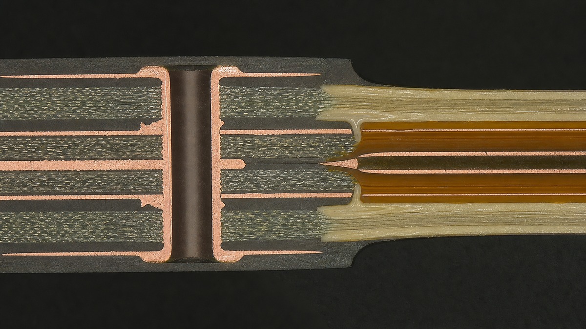AI-generated illustrative microscope view of a rigid-flex PCB microsection showing plated hole walls, internal layer registration, and bonding interfaces