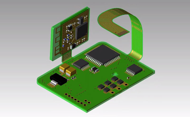 CAD rendering of a rigid-flex PCB with a curved flexible circuit connecting rigid sections