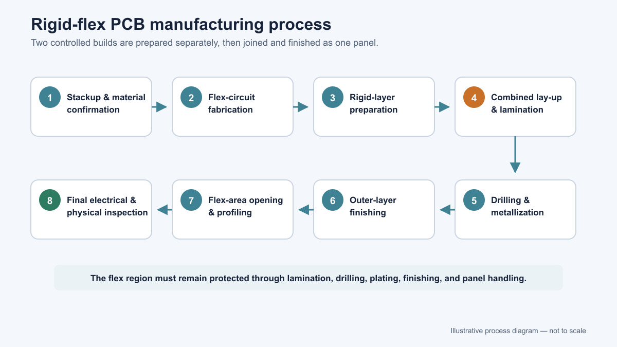 Linear eight-stage rigid-flex PCB manufacturing process from material confirmation to final inspection