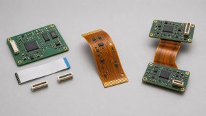 Photorealistic comparison of a rigid PCB with cable, a flex PCB, and a rigid-flex PCB assembly