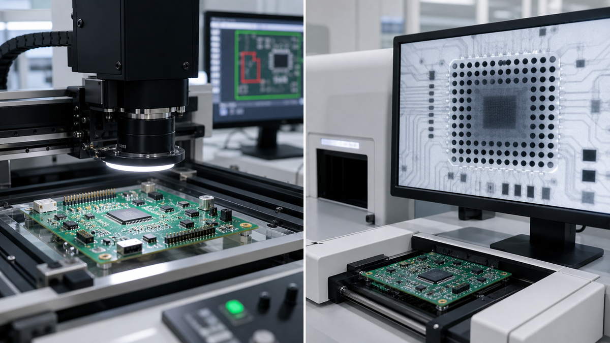 AOI and X-ray inspection of an assembled blood pressure monitor PCB, showing visible and hidden solder-joint inspection