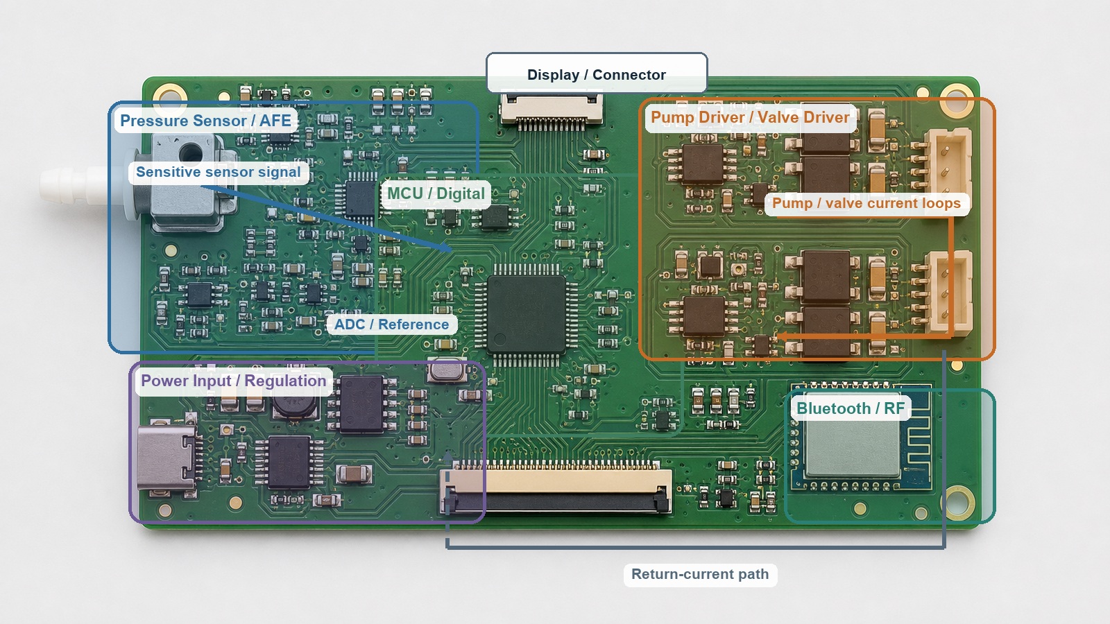 Blood pressure monitor PCB layout showing the analog sensor area, MCU, pump driver, and valve driver