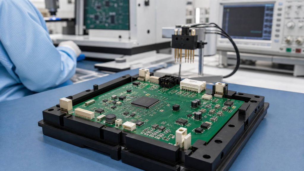 Blood pressure monitor control PCB assembly undergoing board-level testing in a clean electronics workstation