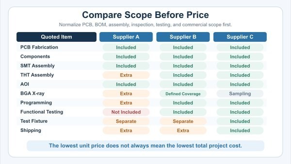 Infographic comparing the included scope of three PCB assembly supplier quotations