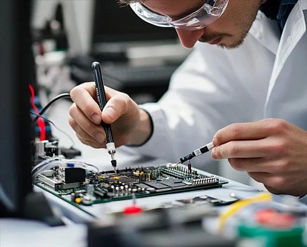Technician performing electrical tests on a medical PCB prototype