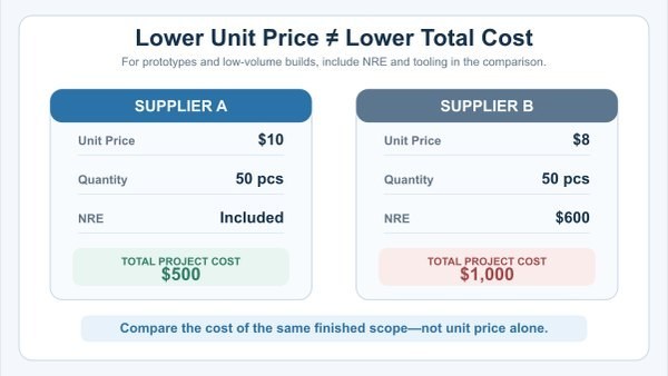 Infographic comparing unit price, NRE, and total project cost between two PCB assembly suppliers