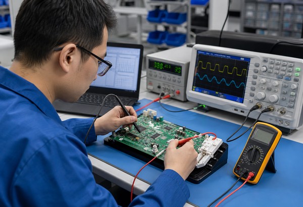 Engineer performing functional testing on a medical electronics PCB assembly