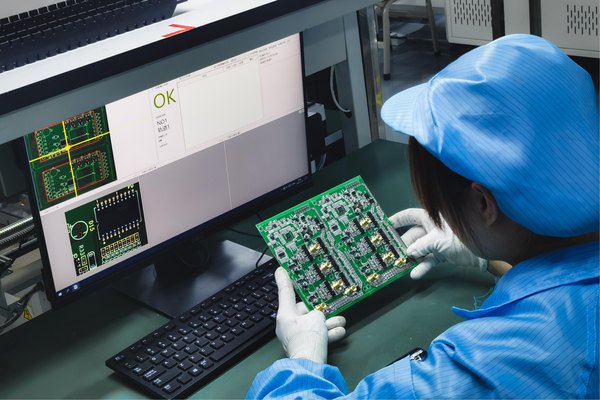 Operator inspecting an assembled PCB panel at an automated optical inspection workstation