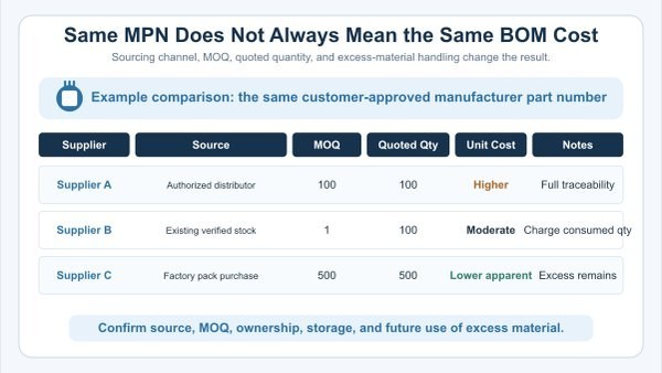 Infographic showing how sourcing channel and MOQ affect BOM cost for the same MPN