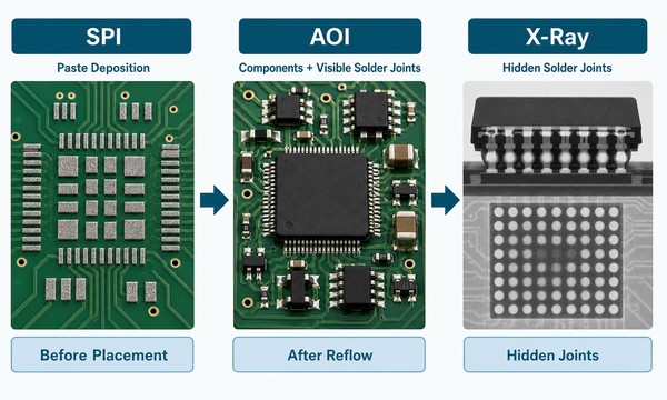 SPI vs AOI vs X-Ray inspection in PCB assembly
