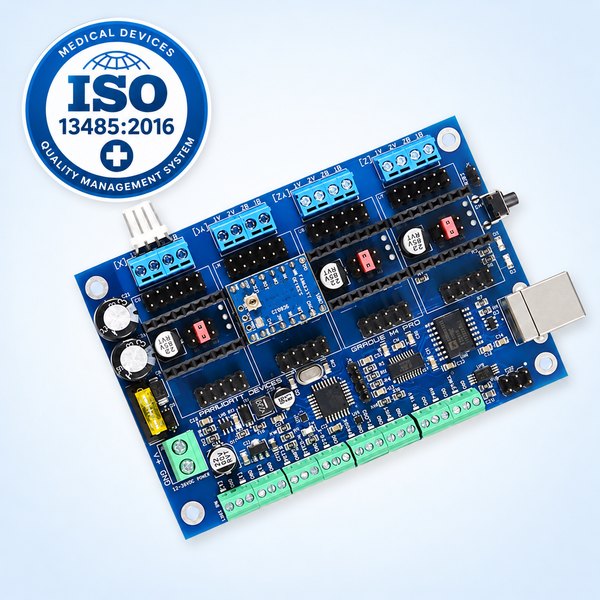 ISO 13485 quality management symbol beside an assembled printed circuit board