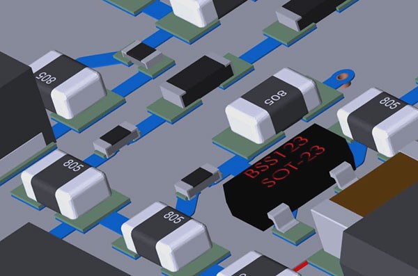 3D PCB layout model used for an assembly DFM review