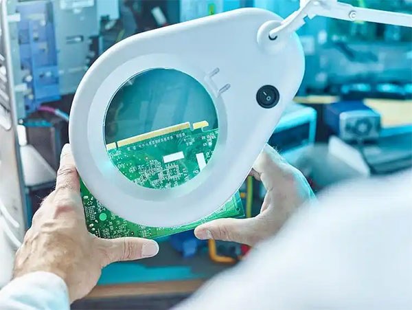 Technician visually inspecting an assembled PCB under a magnifying lamp