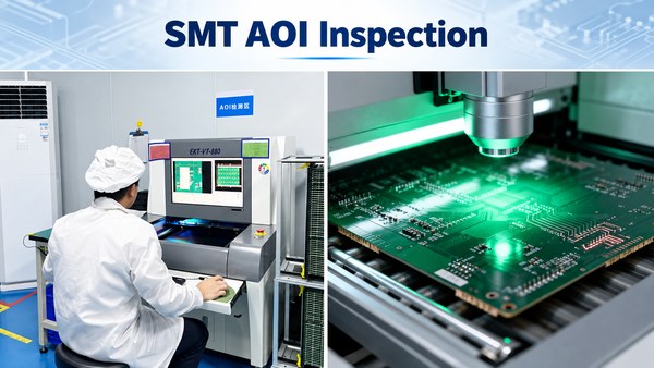 Technician operating an AOI system beside a close-up of optical PCB inspection