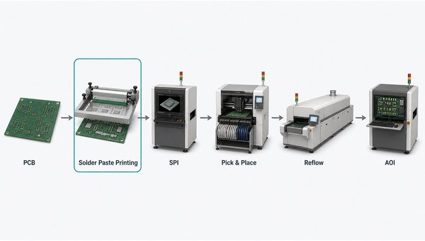 Typical SMT production flow from solder paste printing through automated optical inspection