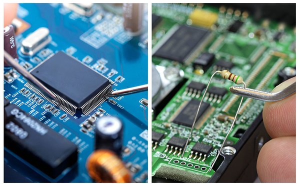 Side-by-side comparison of surface-mount and through-hole component assembly on PCBs