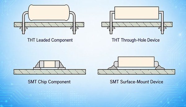 Illustrative comparison of through-hole and surface-mount component mounting methods